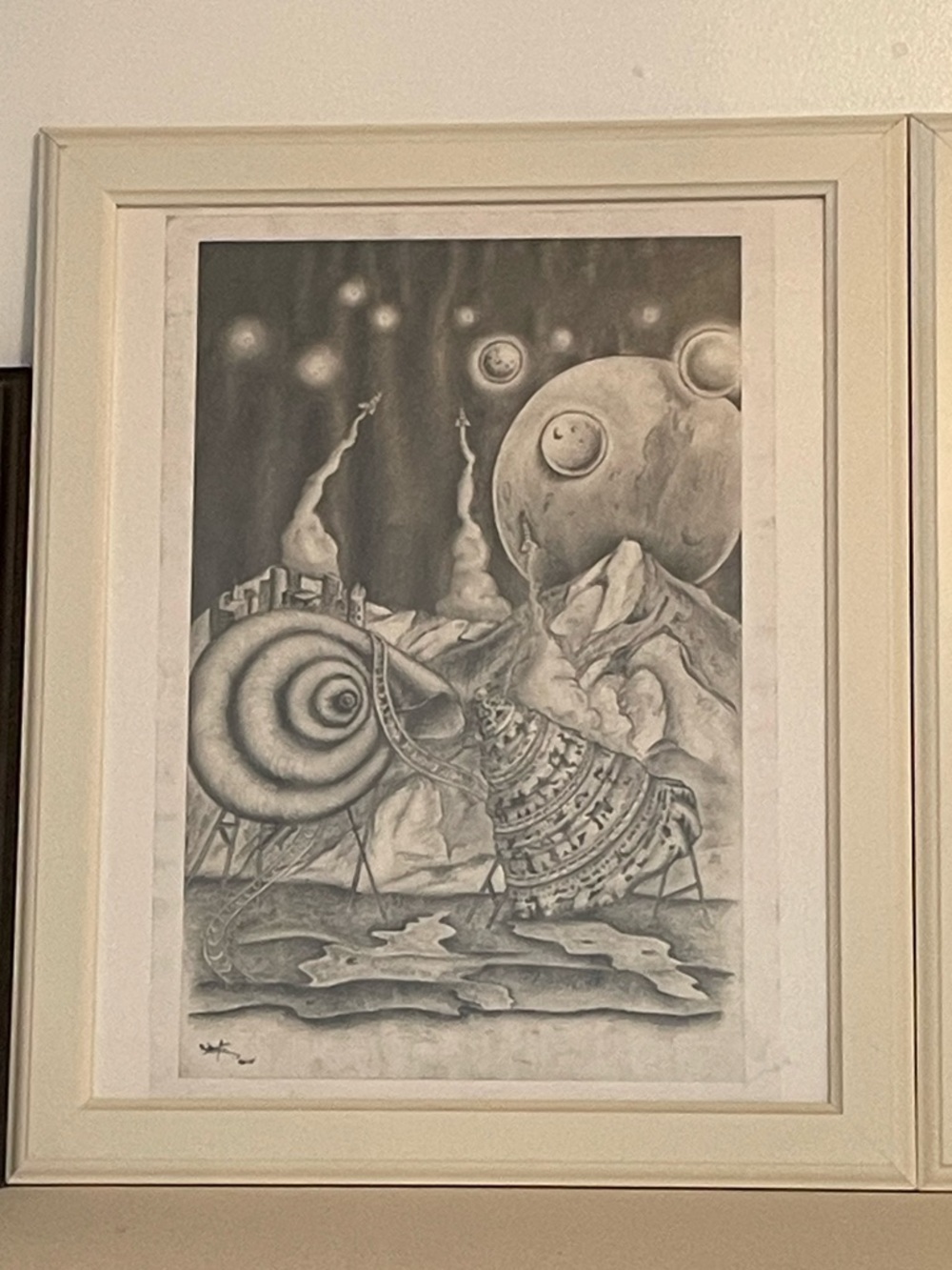 Surreal seashell amusement park landscape pencil sketch